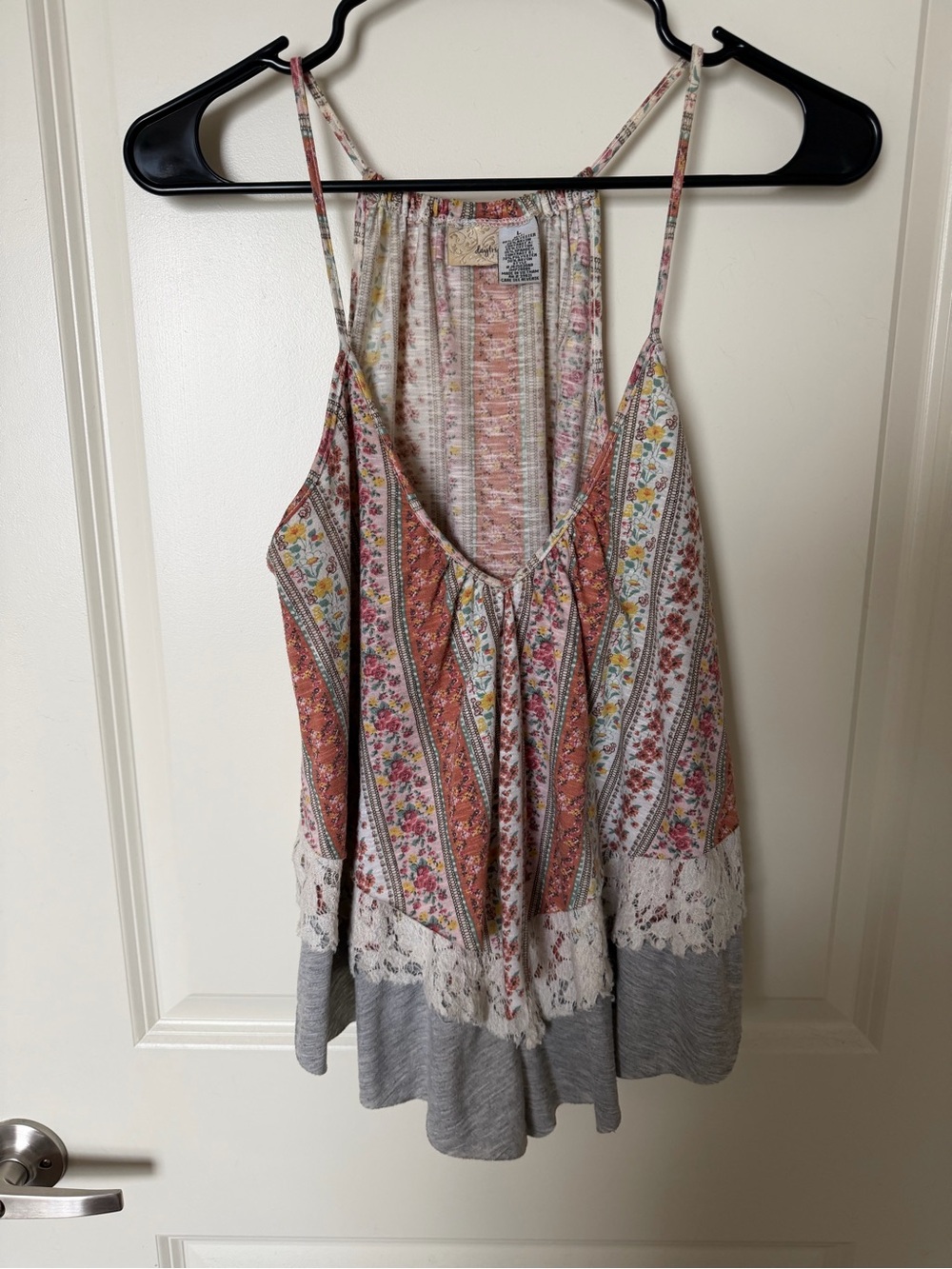 Daytrip Floral Stripe Lace-Trim Spaghetti Strap Tank - Pink, Gray, Cream